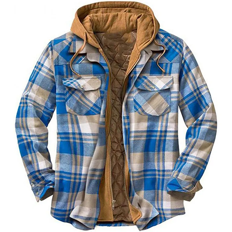 New Design Hooded Plaid Shirt Jacket Ropa Hombre Mens Quilted Lined Button Down Plaid Flannel Shirt Jacket