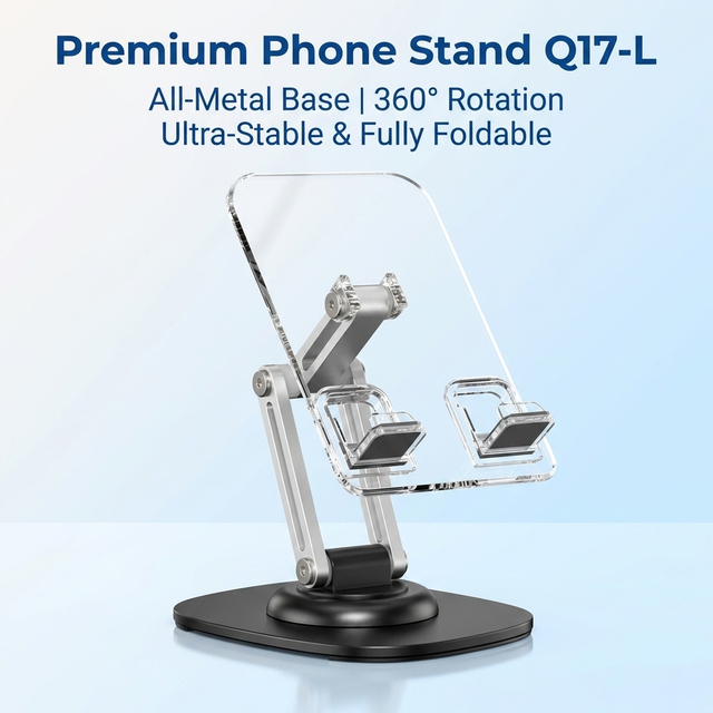 360° Rotating Acrylic Metal Stand | Dual-Arm Adjustable Phone Tablet Holder | Weighted Anti-Slip Base | Q17-L Foldable Stand