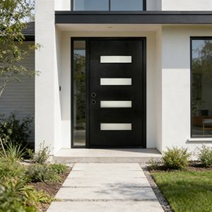 Puerta de Entrada Frontal de Fibra de Vidrio con Apertura Manual, Impermeable, Contemporánea, con Marco de Vinilo Negro - Product Image 5