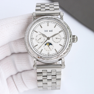 Montre mécanique de luxe à plusieurs cadrans, affichage complet de la date et des phases lunaires, lunette à motif gravé, index sertis de diamants - Product Image 3