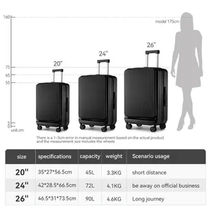 Mala de viagem luxuosa com carrinho de viagem vertical, bagagem de embarque com carregador USB, ideal para transporte em mala de viagem de luxo de 20' 22' 24' 26'