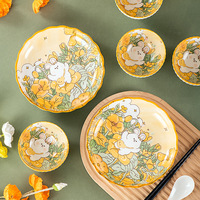 Ensemble de bols et d'assiettes en céramique, motif de plantes, lapin, promotion pour la fête des enseignants, sous-glaçure, petit cadeau, vente en gros
