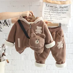 חורף כותנה מזדמנים חורף 1-5y O-הצוואר בגדים סטים 3 יח 'בגדי בגדים העליון + מכנסיים + תיק - Product Image 4