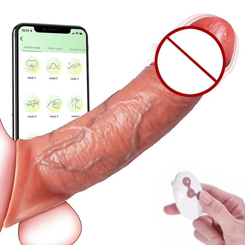 Consolador masculino con tiempo de extensión, aplicación de Control remoto, cubierta para pene, cubierta para pene de silicona líquida, funda vibradora para pene para hombres