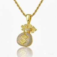 Nouveau Collier Pendentif Chaîne Sac à Monnaie Dollar Américain en Cuivre Plaqué Or et Zirconium, Accessoires Hip-hop Transfrontaliers