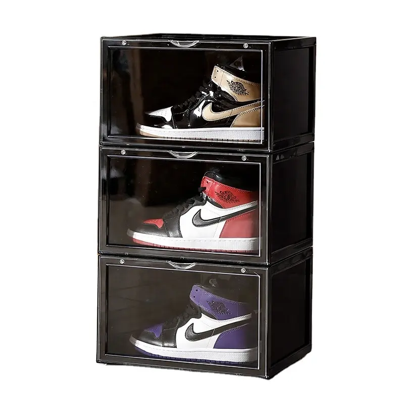 Transparent shoe box storage drop frnot magnetic door plastic sneaker box stackable black clear shoe box