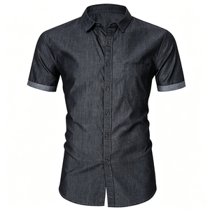 Chemises en chambray à manches courtes pour hommes, coupe ajustée, couleur unie, col à revers, boutonnées, style workwear, avec poche poitrine, vente en gros sur mesure - Product Image 2