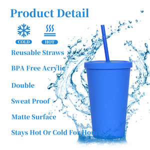 Wholesale 16oz 22oz Insulated <b>Plastic</b> Water Bottle Double Wall Skinny Straight Clear Matte Acrylic <b>Tumbler</b> With Lid and Straw - Product Image 4