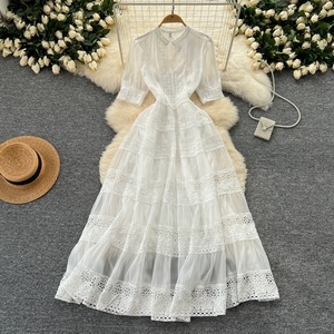 Robes longues à la mode pour femmes, à col à revers, manches courtes, taille haute, patchwork, avec lacets - Product Image 3