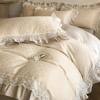 Parure de lit en soie polyester, housse de couette en satin et dentelle, 4 pièces, drap de lit, housse de couette et taies d'oreiller de luxe pour toutes les saisons