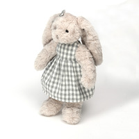 Peluche Lapin Bouclé Beige-Gris Rose avec Oreilles Mobiles, en Polyester et Coton PP, Portant une Jupe à Carreaux, Poupée Apaisante pour Anniversaire d'Enfant