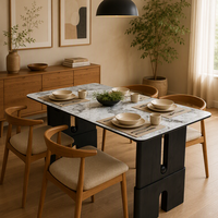 Table à manger rectangulaire en verre de luxe moderne, motif marbre imprimé en 3D, pieds en bois massif, pour la maison, la cuisine, l'hôtel, le restaurant