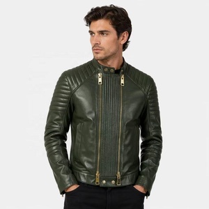 Chaqueta de Motociclista de Piel de Cordero con Doble Cremallera, Diseño Personalizado de Fábrica, Color Verde Oscuro, Hombros Acolchados, Piel Genuina, Venta al Por Mayor - Product Image 1