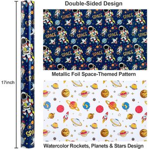 Space Wrapping Paper Roll 30 Inch X 33 Feet Navy Blue Astronaut Design For Kids Birthday Gift <b>Wrap</b> - Product Image 3