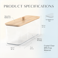 Organisateur de rangement pour salle de bain avec couvercle en bambou, transparent en PET avec couvercle en bois, vente en gros, export
