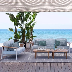 Ensemble de canapés d'extérieur en bois massif en forme de L avec structure en alliage d'aluminium, mobilier de jardin imperméable pour villa, cour et balcon - Product Image 1