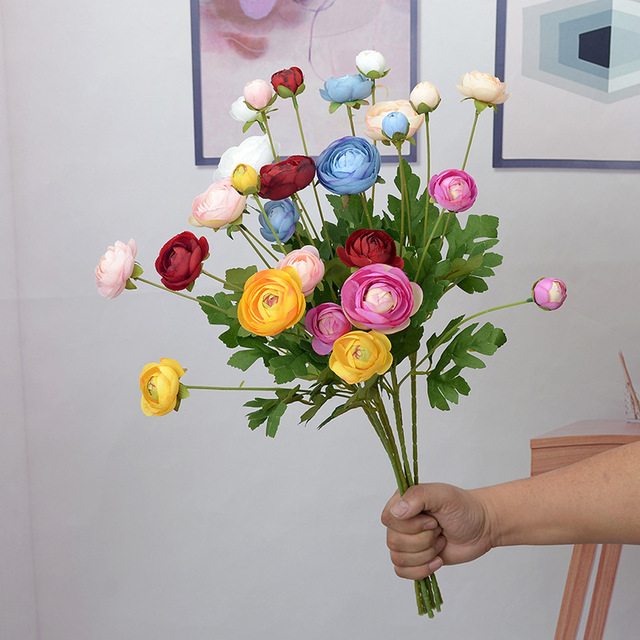 Wedding Background Decorative Flower Photography Props Party Decoration Artificial 4 Heads Silk Ranunculus Flower