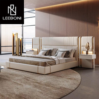 Lit en cuir de luxe moderne sur mesure avec table de chevet, lit double, lit king size, ensemble de meubles de chambre à coucher de luxe, cadre de lit king size