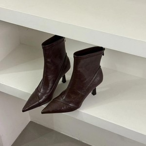Bottines à talons aiguilles pointues style français pour femmes, en cuir marron, avec fermeture éclair, pour l'automne et l'hiver, coupe ajustée - Product Image 3