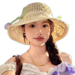 Japanese Style Openwork <b>Straw</b> <b>Hat</b> For Women Light Khaki Off White Large Brim Sunshade Breathable Summer Beach Wear - Product Image 5