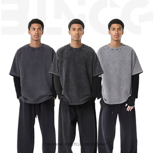 ET-019 250g Acid Wash Long Sleeve Shirts Y2K Crew Neck 2 in 1 T-Shirt Oversized Tops Streetwear Long Sleeve <strong>Tshirts</strong> - Product Image 2