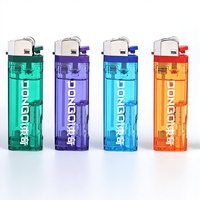 Briquet LED moderne rechargeable avec roue à silex et réservoir de carburant visible en plastique pour allumage par étincelle