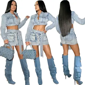 워싱 라이트 블루 2 조각 스커트 세트 레이디 진 재킷 의상 여성 긴 소매 데님 스커트 세트