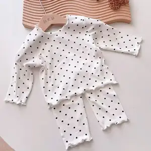 Piyama bayi musim panas set tipis polka dot, pakaian rumah anak perempuan gaya Barat dua potong, pakaian wanita AC, set piyama tipis