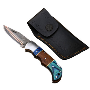 Couteau de chasse en acier Damas avec manche en bois et étui en cuir, couteau pliant professionnel pour l'extérieur, personnalisable en couleur et logo (OEM) - Product Image 1