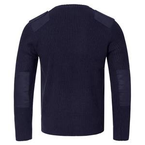 Pull en tricot bleu foncé DF à manches longues avec épaules et coudes patchés, vêtement décontracté durable pour toutes les saisons - Product Image 1