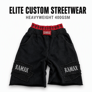 Pantalones Cortos Deportivos Góticos para Hombre, Estilo Urbano, Bordado Personalizado, Borde Crudo, Bolsillo con Parche, Cintura Elástica, Lavado Vintage, Estilo Hip Hop - Product Image 1