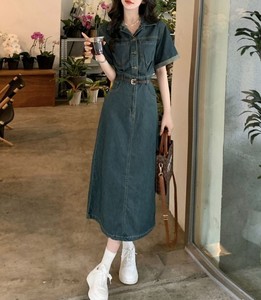 Nuovi Abiti Lunghi in <span class=keywords><strong>Denim</strong></span> da Donna Estivi con Maniche Corte, Colletto, Bottoni e Vita Stretta alla Moda - Product Image 2