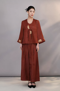 <span class=keywords><strong>Pantalon</strong></span> en soie léger pour <span class=keywords><strong>femme</strong></span>, élégant et polyvalent, avec des éléments traditionnels <span class=keywords><strong>chinois</strong></span> modernes, couleur vin rouge, pour l'automne, style simple et tendance - Product Image 3