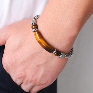 Trendy Fashionable Natural Stone Jewelry Retro Stainless Steel Chain Spliced Tiger's Eye Stone <b>Men's</b> Bracelet for Boyfriend Gift - Product Image 1