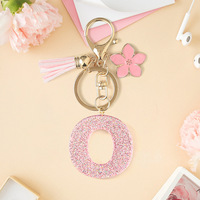 Porte-clés en résine scintillante en forme de lettre J, style coréen, DIY, rose, 26 lettres de l'alphabet anglais, avec pendentif fleur et pompon, pour femmes