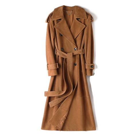 3249-1 Hot Sale Stylish Long Sleeves Belt Turn Down Collar Long Genuine Leather Winter Brown Suede Trench Coat for Women