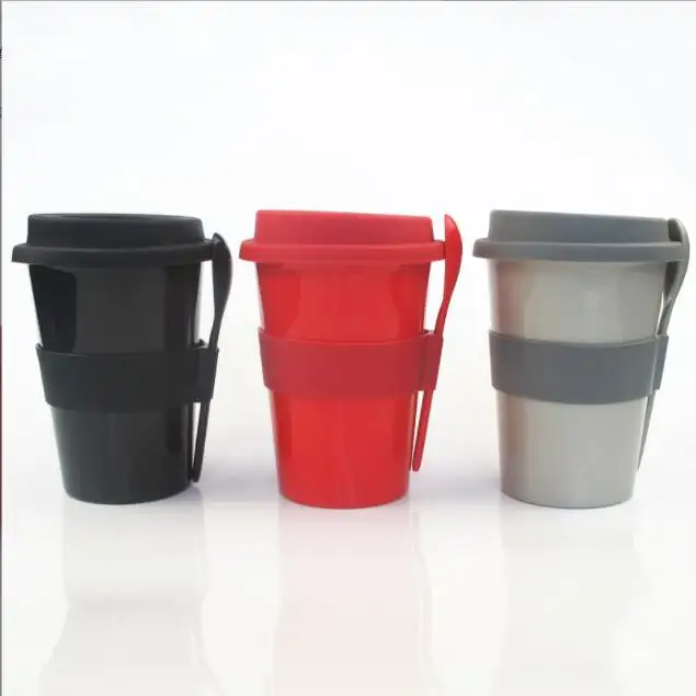12OZ 밀 짚 커피 컵, 덮개 포함 분해 가능 대나무 섬유 일회용 재사용 플라스틱 물 여행 컵