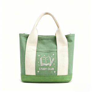 Bolsa de Mano Personalizada de Lona, Mini Bolso Tote, Bordado de Estrella y Lápiz, Diseño Bicolor Verde, para Estudiantes - Product Image 1