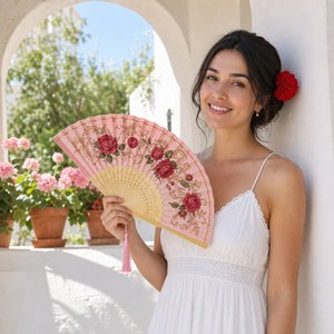 Éventail Flamenco à Main en Bambou Imprimé Roses Rouges avec Pompon Rose, Logo Personnalisé, Cadeau de Fête, Vente en Gros, Fabrication Directe - Product Image 2