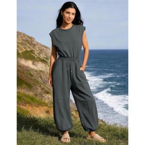 Combinaison décontractée pour femme, col rond, manches courtes, taille haute, pantalon large, tenue une pièce avec poches, printemps été, respirante - Product Image 2