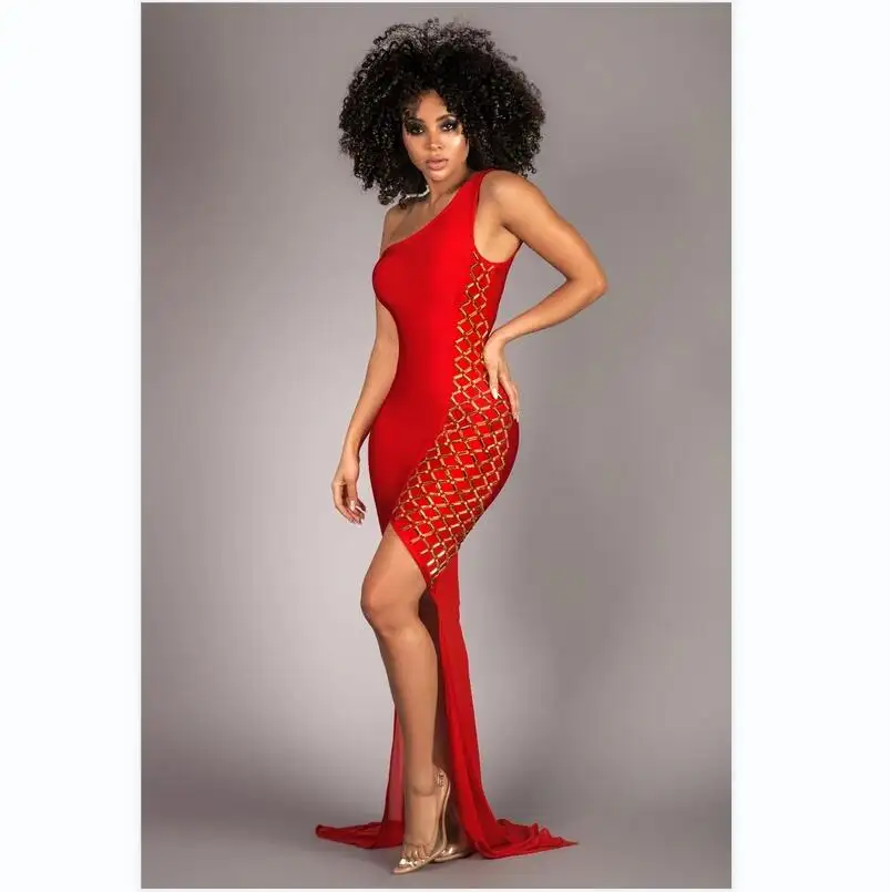 C2988 Migu Garment one shoulder red maxi dress women beading high slit floor length dress