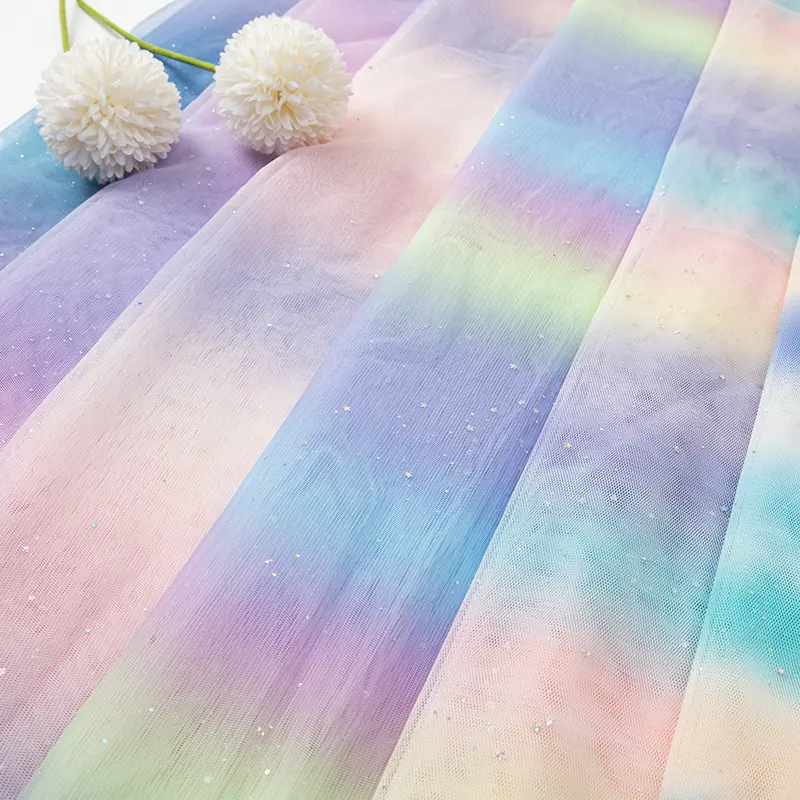 Width 150 cm Polyester dusting sequins powder mesh fabric Rainbow gradient veil tulle fabric for skirt wedding bridal dress