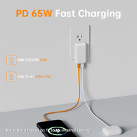 Chargeur Super Rapide PD 65W, Quick QC3.0+ 1C1A Sorties, Prise pour iPhone iPad Mac Sumsung, Compact, Pliable, Portable, Fin et Léger