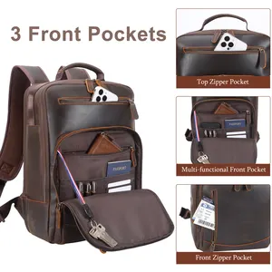Mochila de Estilo Vintage para Portátil de 15.6 Pulgadas, Bolso Escolar de Cuero Auténtico de Plena Flor, Crazy Horse Genuino - Product Image 4