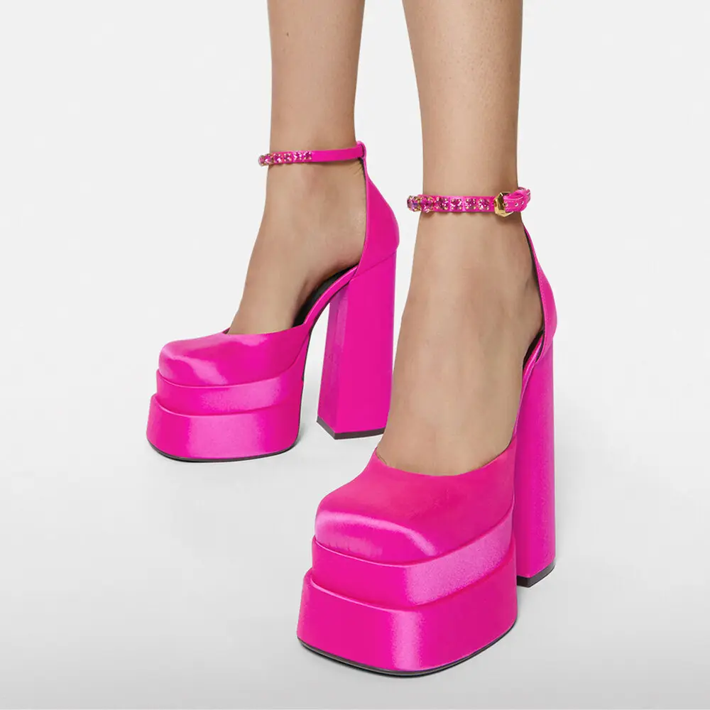 PDEP square toe drop shipping platform pink women fashion chunky block heels elegant rhinestone ladies satin luxury heels