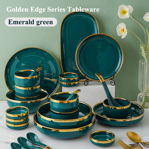 Coffret Cadeau <span class=keywords><strong>de</strong></span> Vaisselle en Céramique Vert Émeraude, Bordure Dorée Luxueuse, Réutilisable pour les Fêtes Familiales, les Réceptions et les Mariages - Product Image 1