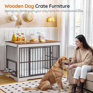 Köpek kafesi mobilya kapalı ahşap köpek kulübesi ile ayarlanabilir yükseltilmiş köpek kase besleyici, büyük orta Pet House End masa - Product Image 5