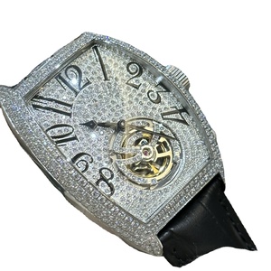 Luxurious Custom Logo Diamond Dial Case Mechanical <b>Watch</b> Hollow Movement <b>Black</b> Leather Strap for <b>Men</b> - Product Image 2