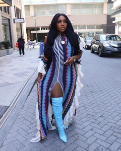 Abito Lungo Sexy con <span class=keywords><strong>Maniche</strong></span> <span class=keywords><strong>Corte</strong></span> Arricciate, Lavorato a <span class=keywords><strong>Maglia</strong></span>, Stampa a Righe e Spacco - Product Image 3