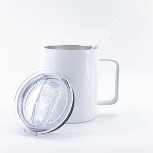 Vaso de sublimación en blanco de 12oz, vaso de vidrio frío y caliente con tapa y pajita, tazas de café de 12oz con asa